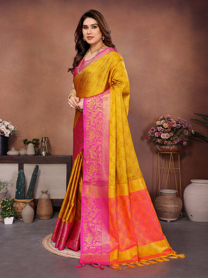 Golden Mustard Banarasi Silk Saree with Rani Pink Zari Border & Heritage Pallu