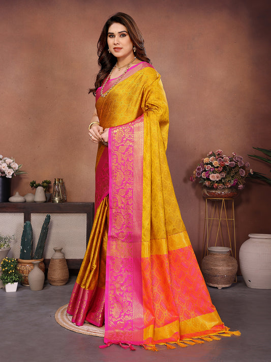 Golden Mustard Banarasi Silk Saree with Rani Pink Zari Border & Heritage Pallu