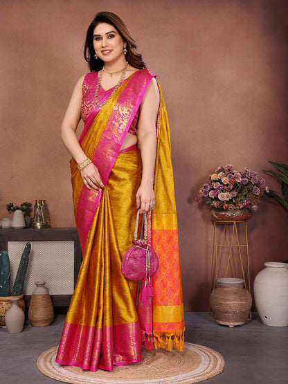 Golden Mustard Banarasi Silk Saree with Rani Pink Zari Border & Heritage Pallu
