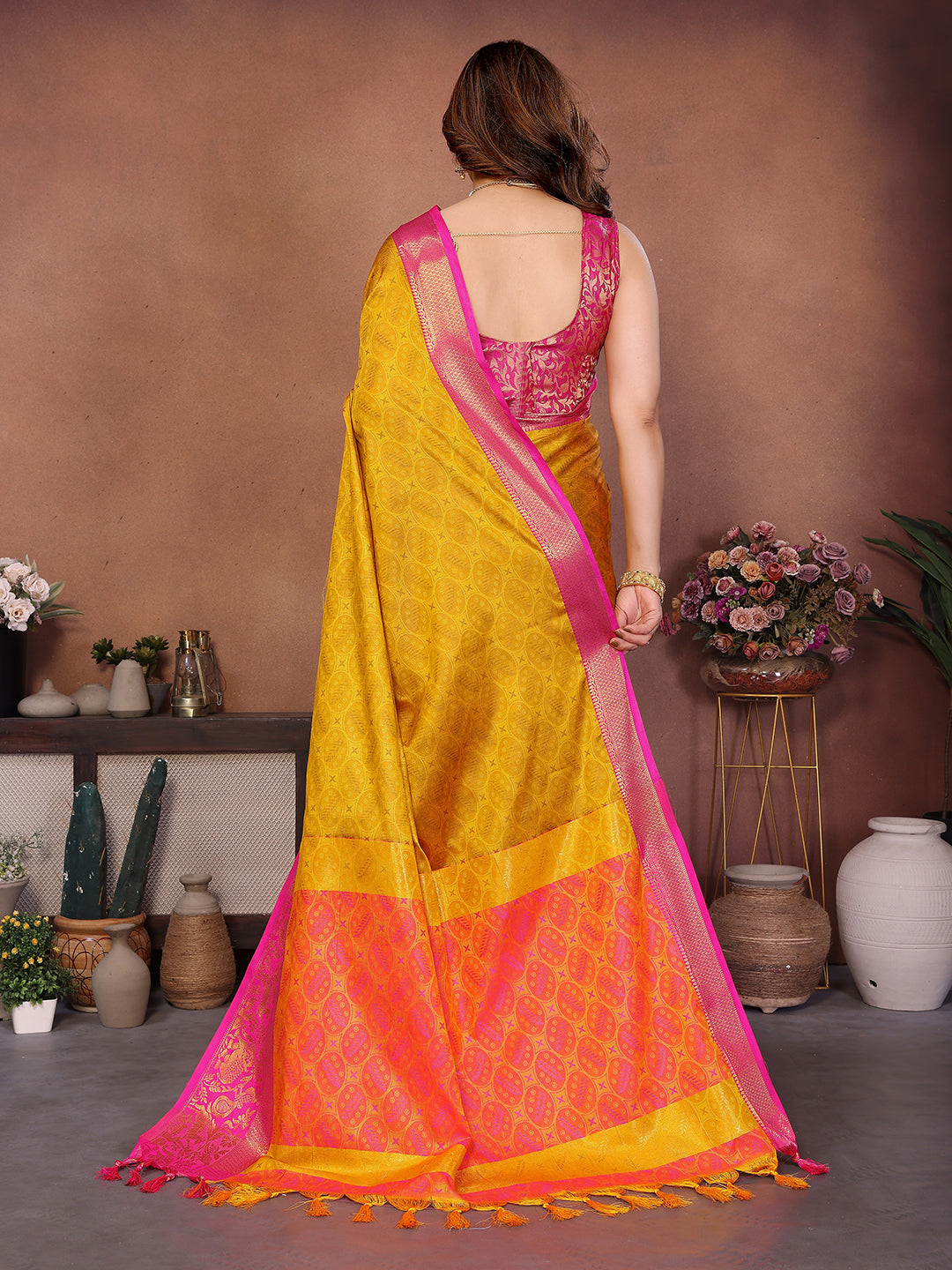Golden Mustard Banarasi Silk Saree with Rani Pink Zari Border & Heritage Pallu
