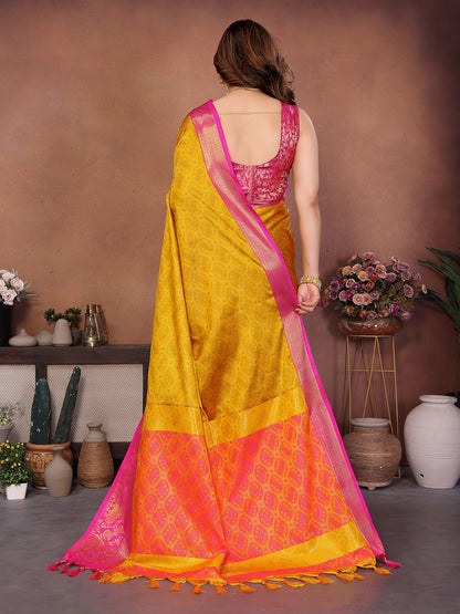 Golden Mustard Banarasi Silk Saree with Rani Pink Zari Border & Heritage Pallu