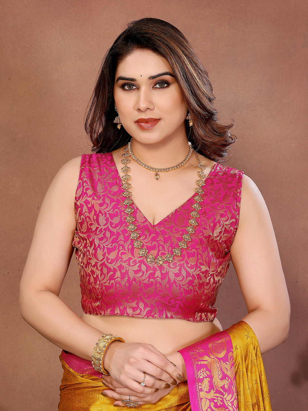 Golden Mustard Banarasi Silk Saree with Rani Pink Zari Border & Heritage Pallu