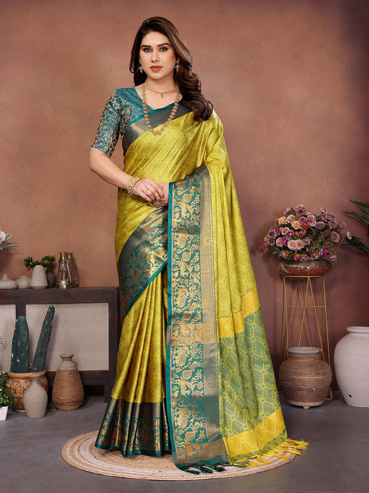 Lemon Yellow Rama Banarasi Silk Saree with Teal Zari Border & Heritage Pallu