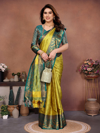 Lemon Yellow Rama Banarasi Silk Saree with Teal Zari Border & Heritage Pallu