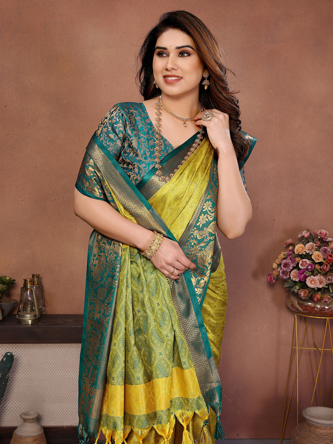 Lemon Yellow Rama Banarasi Silk Saree with Teal Zari Border & Heritage Pallu