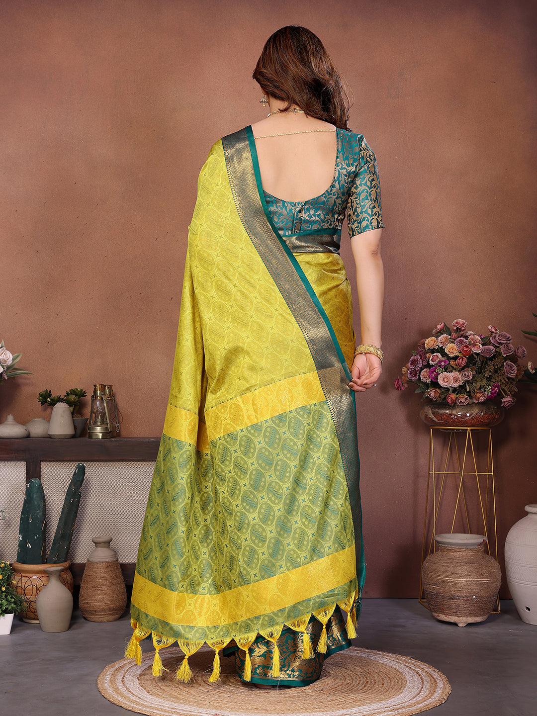 Lemon Yellow Rama Banarasi Silk Saree with Teal Zari Border & Heritage Pallu