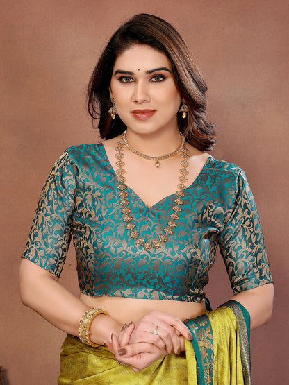 Lemon Yellow Rama Banarasi Silk Saree with Teal Zari Border & Heritage Pallu
