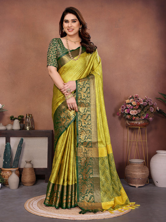 Lemon Yellow Green Banarasi Silk Saree with Teal Zari Border & Traditional Weaving