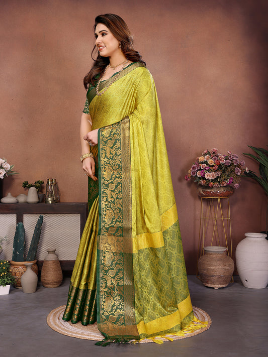 Lemon Yellow Green Banarasi Silk Saree with Teal Zari Border & Traditional Weaving