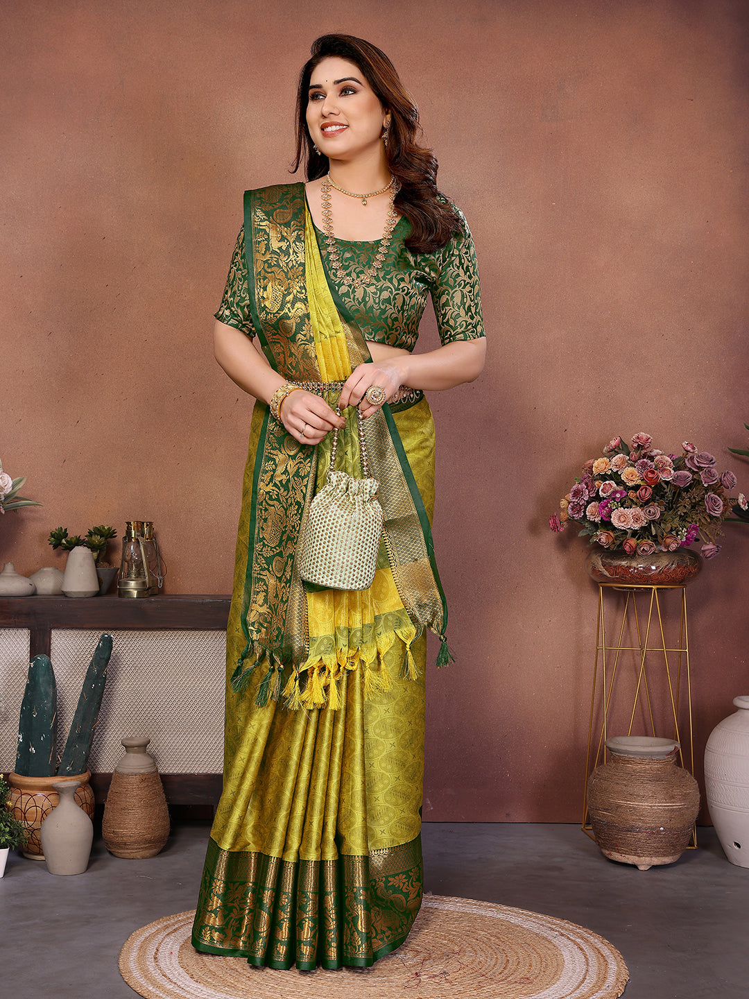 Lemon Yellow Green Banarasi Silk Saree with Teal Zari Border & Traditional Weaving