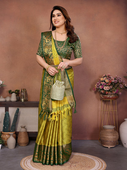 Lemon Yellow Green Banarasi Silk Saree with Teal Zari Border & Traditional Weaving