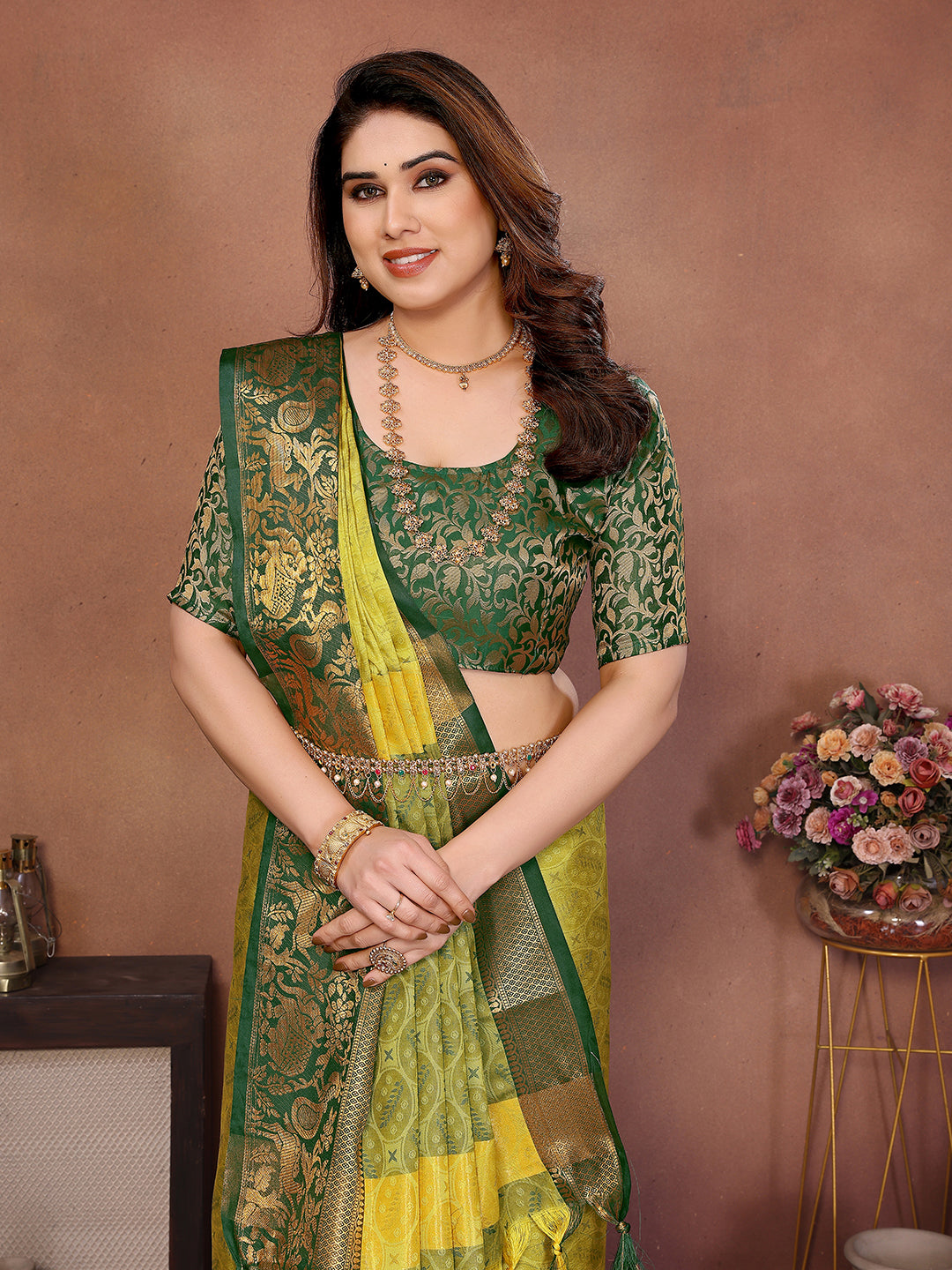 Lemon Yellow Green Banarasi Silk Saree with Teal Zari Border & Traditional Weaving