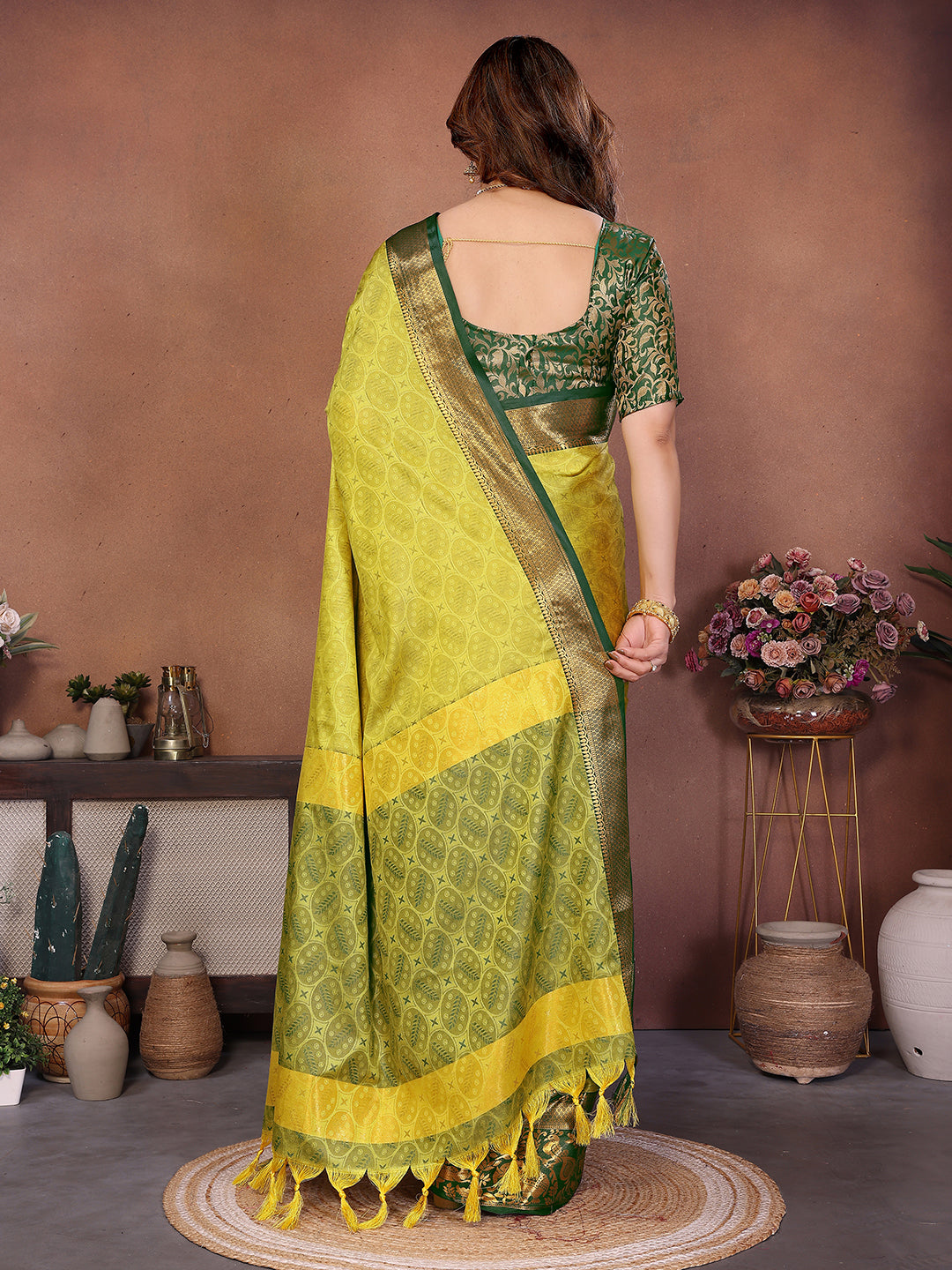 Lemon Yellow Green Banarasi Silk Saree with Teal Zari Border & Traditional Weaving