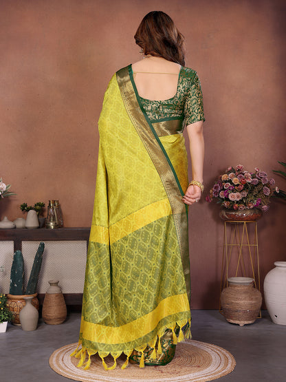 Lemon Yellow Green Banarasi Silk Saree with Teal Zari Border & Traditional Weaving