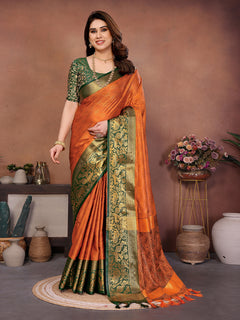 Rust Orange Banarasi Silk Saree with Green Zari Border & Traditional Weaving