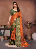 Rust Orange Banarasi Silk Saree with Green Zari Border & Traditional Weaving