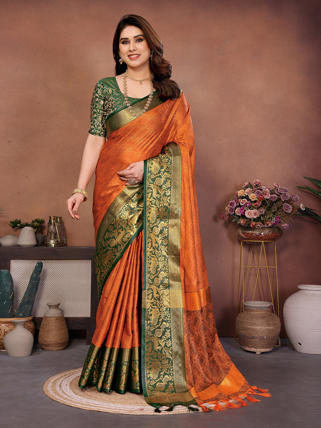Rust Orange Banarasi Silk Saree with Green Zari Border & Traditional Weaving