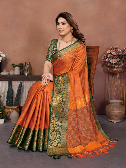 Rust Orange Banarasi Silk Saree with Green Zari Border & Traditional Weaving