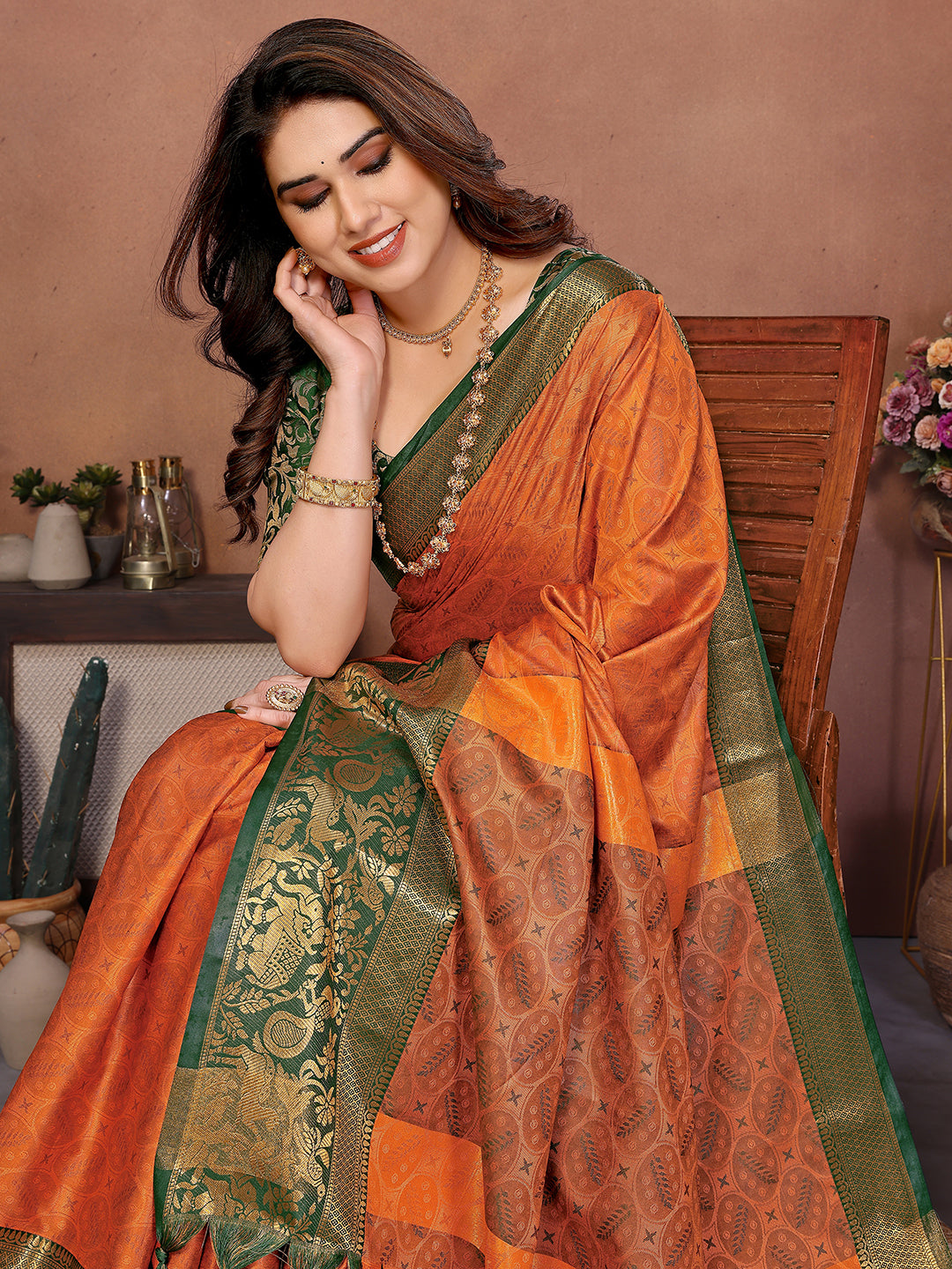 Rust Orange Banarasi Silk Saree with Green Zari Border & Traditional Weaving