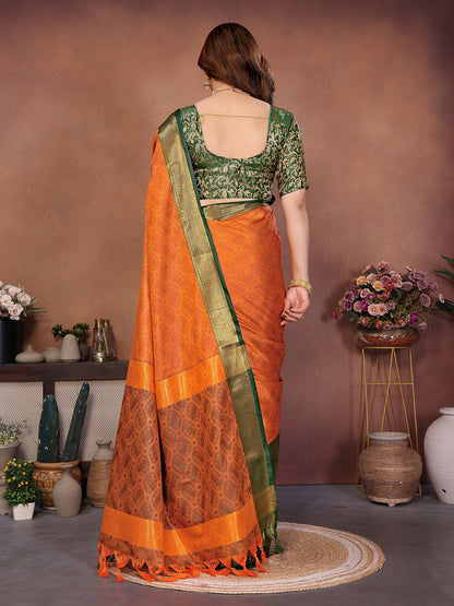 Rust Orange Banarasi Silk Saree with Green Zari Border & Traditional Weaving