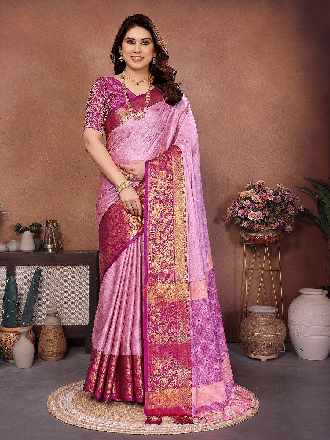 Baby Pink Banarasi Silk Saree with Magenta Zari Border & Traditional Weaving