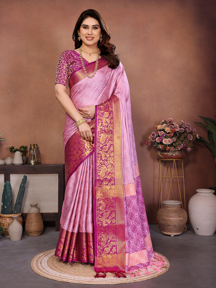 Baby Pink Banarasi Silk Saree with Magenta Zari Border & Traditional Weaving