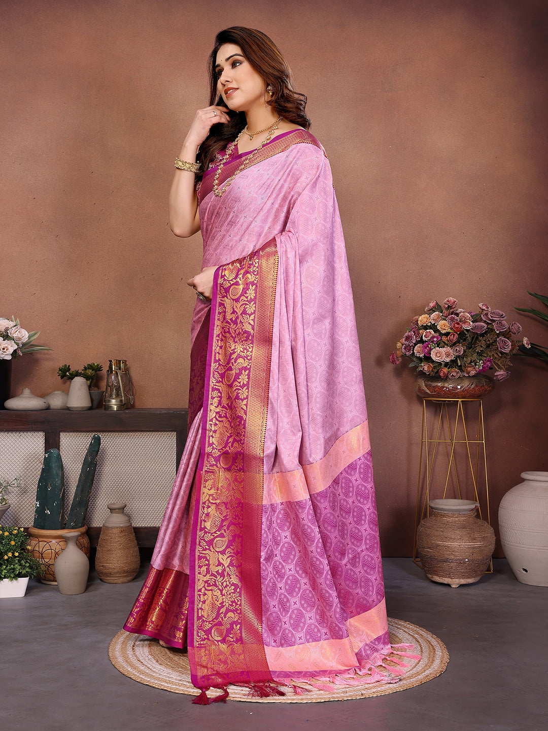 Baby Pink Banarasi Silk Saree with Magenta Zari Border & Traditional Weaving