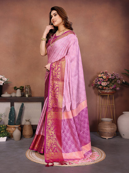 Baby Pink Banarasi Silk Saree with Magenta Zari Border & Traditional Weaving