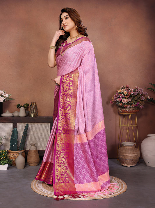 Baby Pink Banarasi Silk Saree with Magenta Zari Border & Traditional Weaving
