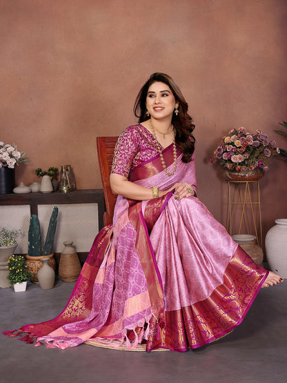 Baby Pink Banarasi Silk Saree with Magenta Zari Border & Traditional Weaving