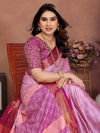 Baby Pink Banarasi Silk Saree with Magenta Zari Border & Traditional Weaving