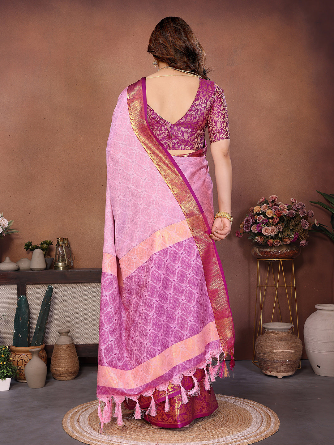 Baby Pink Banarasi Silk Saree with Magenta Zari Border & Traditional Weaving
