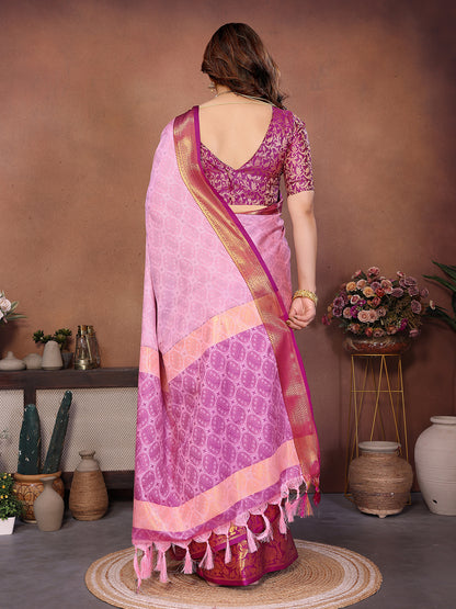 Baby Pink Banarasi Silk Saree with Magenta Zari Border & Traditional Weaving