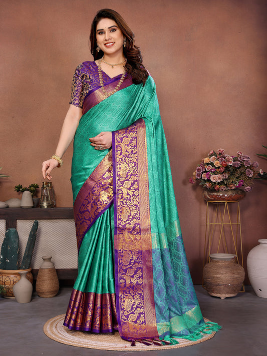 Sea Green Banarasi Silk Saree with Purple Zari Border & Traditional Weaving