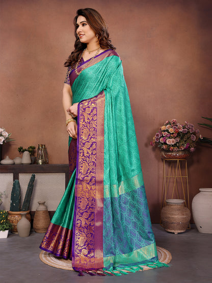 Sea Green Banarasi Silk Saree with Purple Zari Border & Traditional Weaving