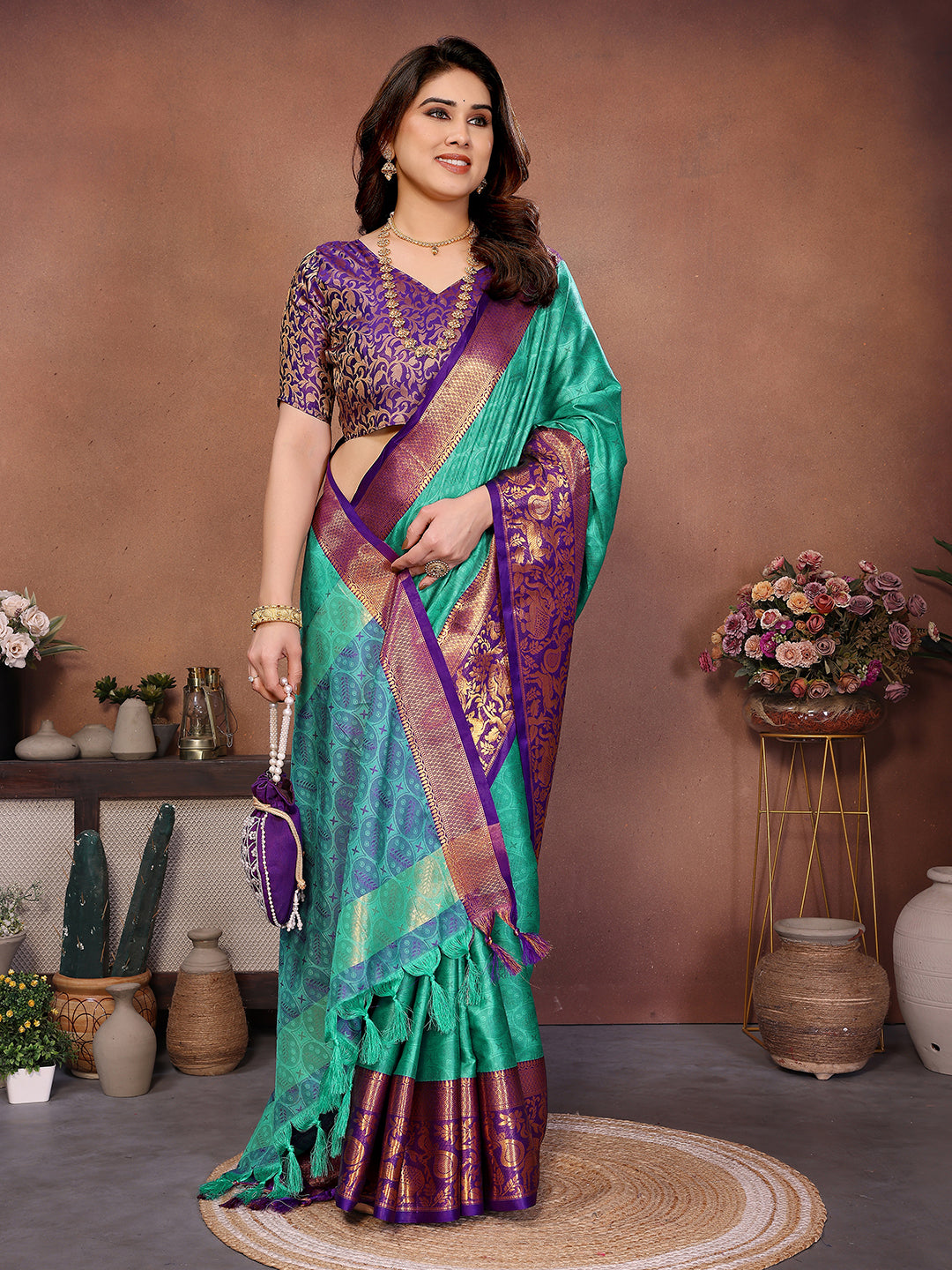 Sea Green Banarasi Silk Saree with Purple Zari Border & Traditional Weaving