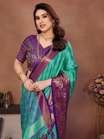 Sea Green Banarasi Silk Saree with Purple Zari Border & Traditional Weaving