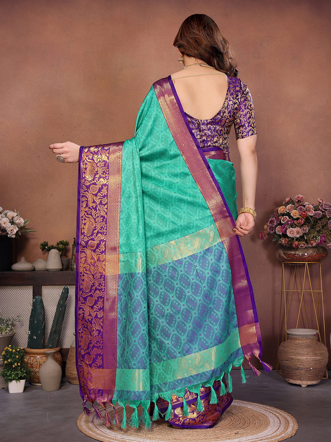 Sea Green Banarasi Silk Saree with Purple Zari Border & Traditional Weaving