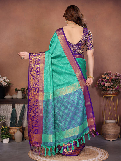 Sea Green Banarasi Silk Saree with Purple Zari Border & Traditional Weaving