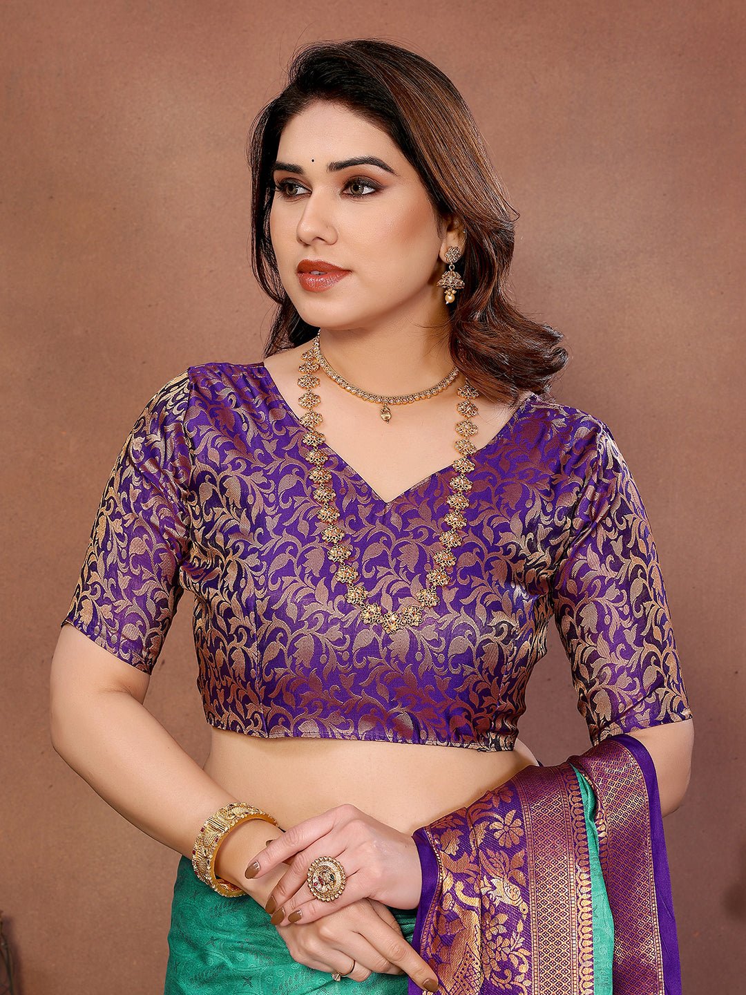Sea Green Banarasi Silk Saree with Purple Zari Border & Traditional Weaving