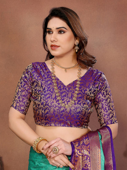 Sea Green Banarasi Silk Saree with Purple Zari Border & Traditional Weaving