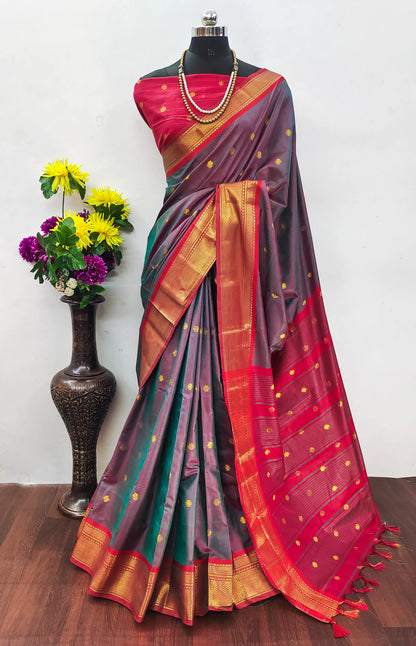 Smoky Grey Cotton Silk Saree with Ruby Red Zari Border & Contrast Red Blouse