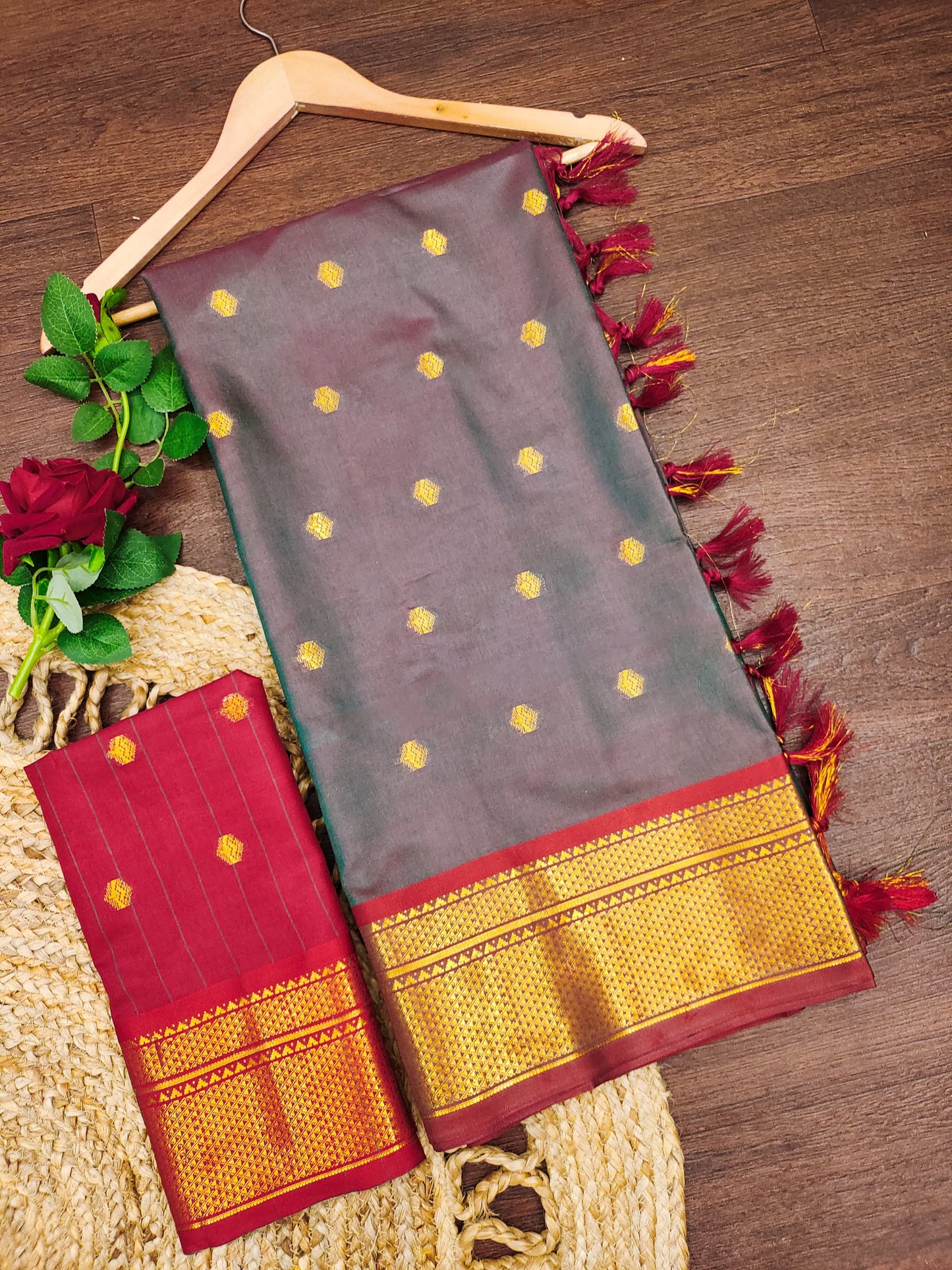 Smoky Grey Cotton Silk Saree with Ruby Red Zari Border & Contrast Red Blouse
