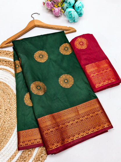 Bottle Green Soft Silk Saree with Vermilion Red Zari Border & Circular Floral Medallion Motifs