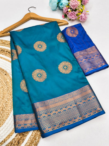 Firozi Blue Soft Silk Saree with Royal Blue Zari Border & Circular Floral Medallion Motifs