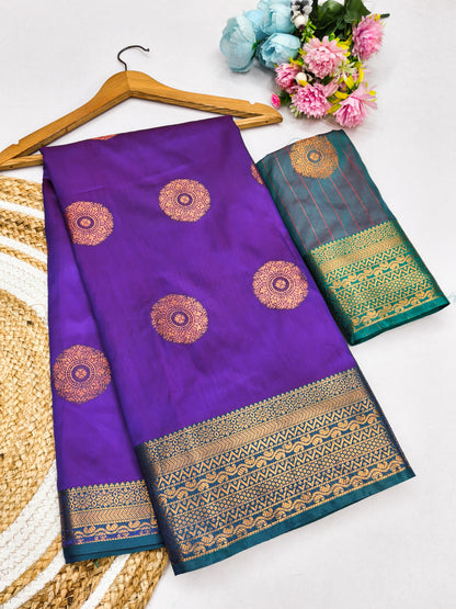 Royal Purple Soft Silk Saree with Peacock Blue Zari Border & Circular Floral Medallion Motifs