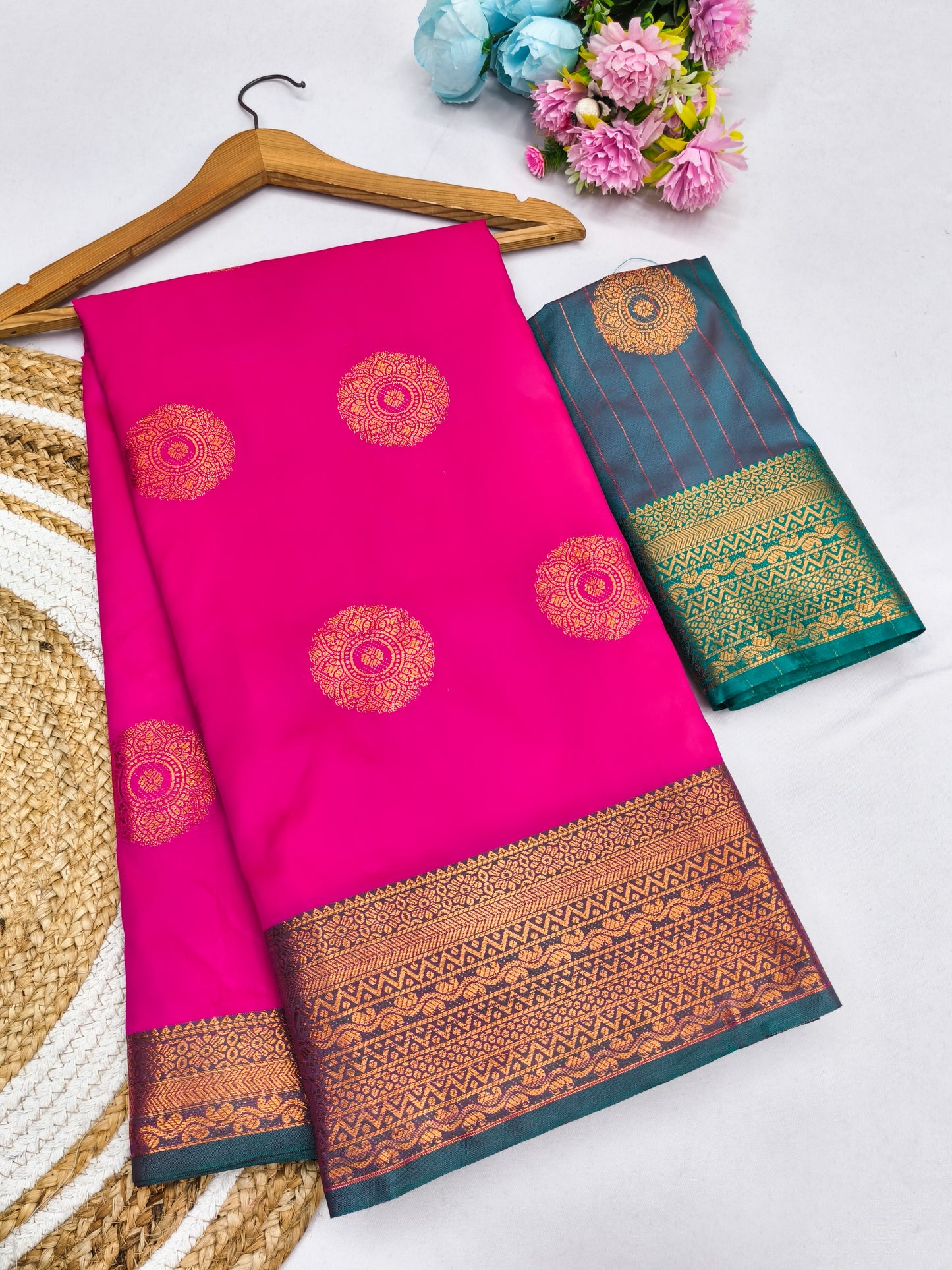 Hot Pink Soft Silk Saree with Peacock Blue Zari Border & Circular Floral Medallion Motifs