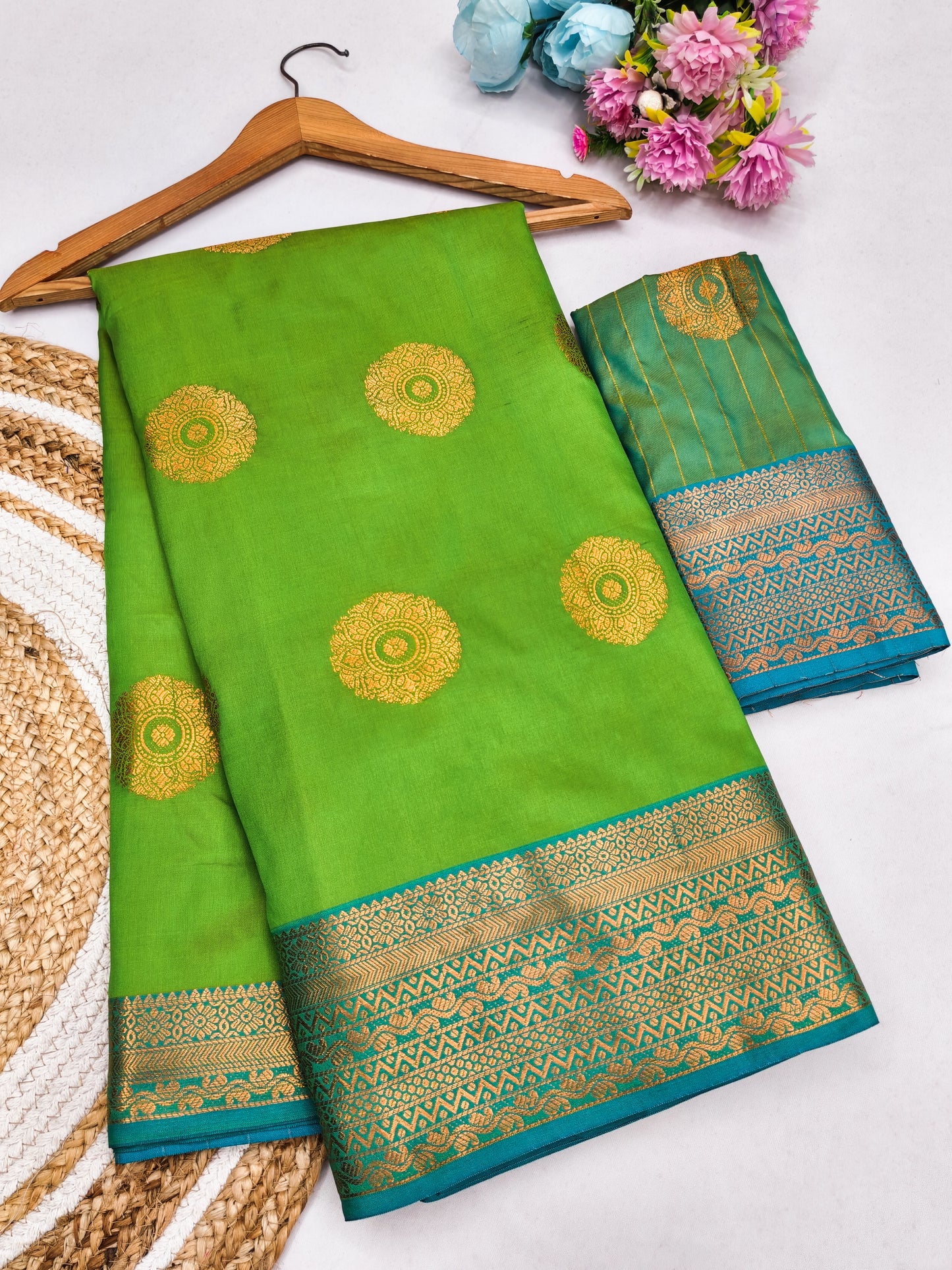 Parrot Green Soft Silk Saree with Peacock Blue Zari Border & Circular Floral Medallion Motifs