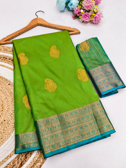 Parrot Green Soft Silk Saree with Sky Blue Zari Border & Traditional Woven Pallu