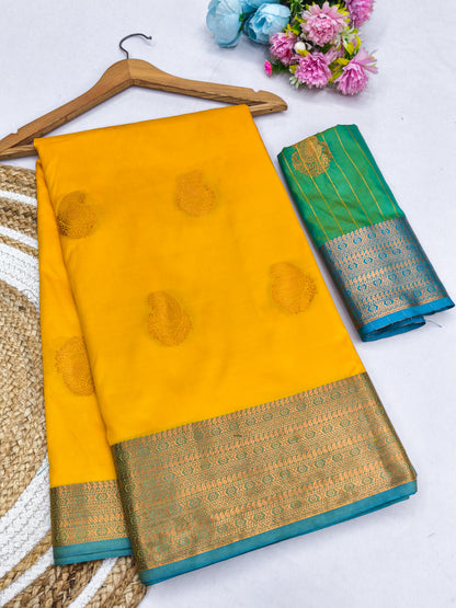 Sunshine Yellow Soft Silk Saree with Teal ZaBlue ri Border